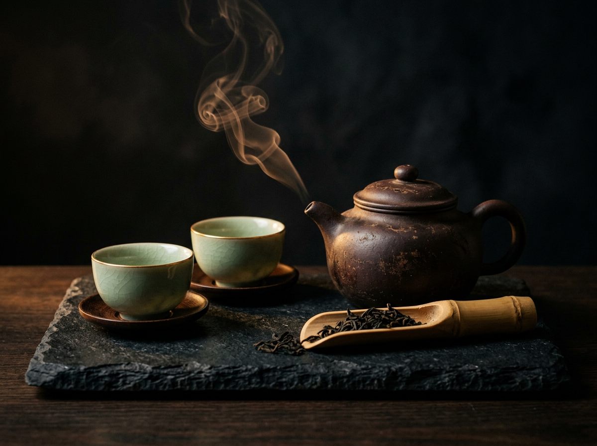 深色背景下的茶席与茶器